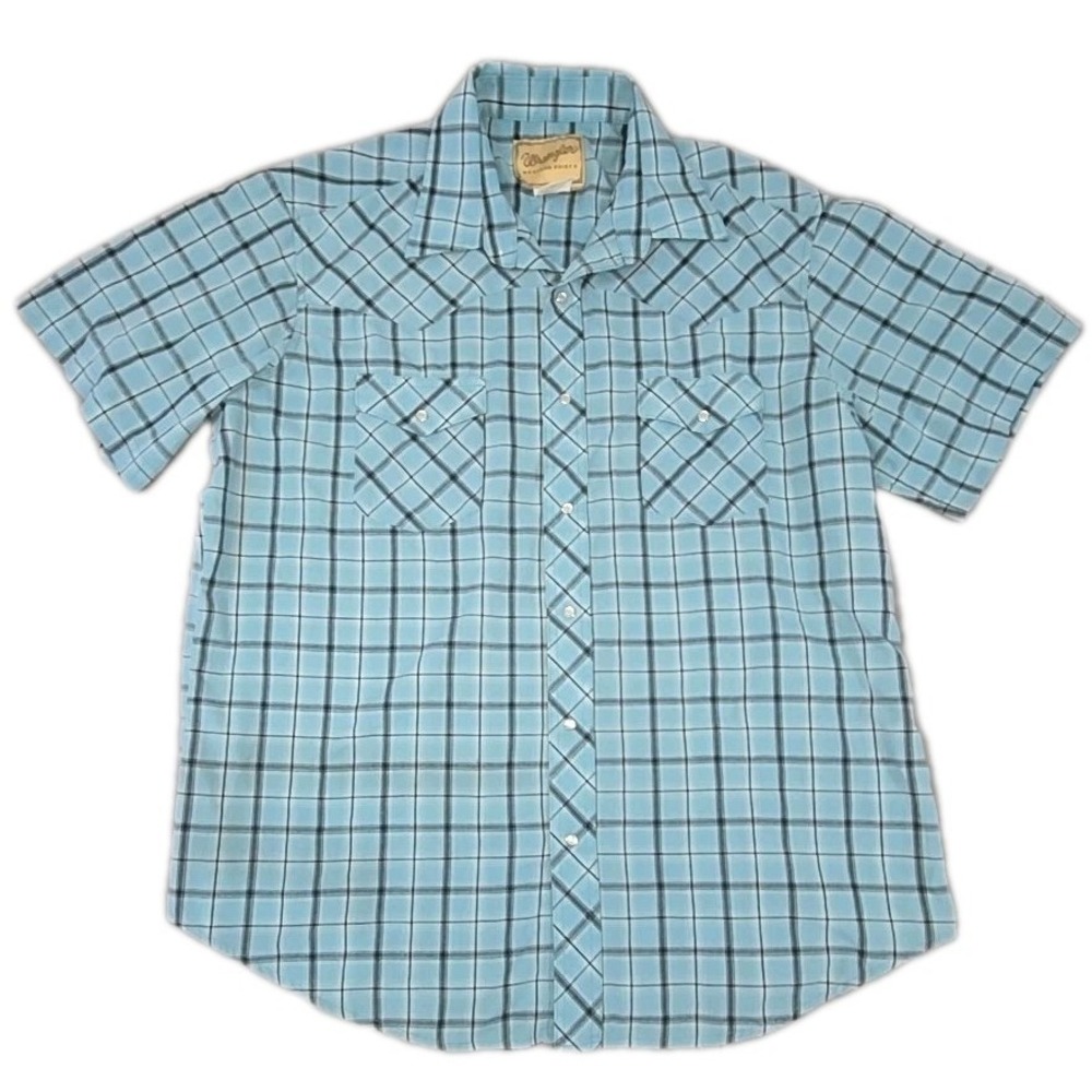 Wrangler Cowboy Cut Shirt Men XL Blue Black Plaid Pearl Snap Short Sleeve Wester